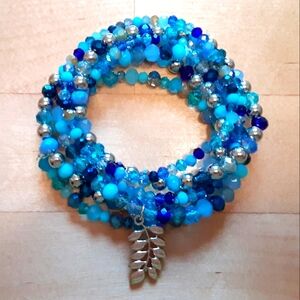 Handmade Beaded Stretch Bracelets - Set of 6 with Leaf Charm